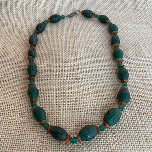 Necklace - One of Kind, 18 inch with Antique Teal & Amber Beads & Silver Clasp